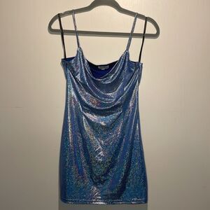 superdown- Blue Silver Metallic Cowl Neck Cutout Back Mini Dress- Size Medium